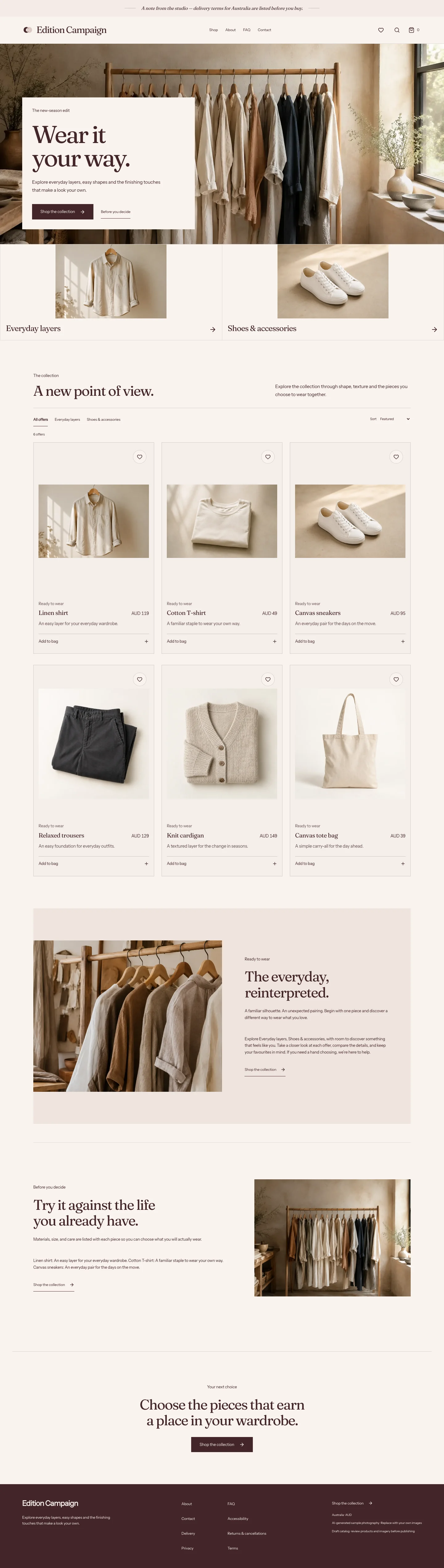 Fashion template with a linen campaign photograph, an ivory headline panel, and clothing collections and product cards